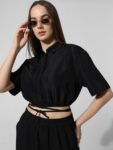 ONLY Flared Sleeves Tie-Up Detail Linen Shirt Style Crop Top