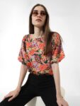 ONLY Floral Print Boat Neck Short Puff Sleeves Top