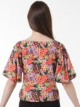 ONLY Floral Print Boat Neck Short Puff Sleeves Top