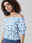 ONLY Floral Print Off-Shoulder Puff Sleeve Bardot Casual Top