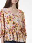 ONLY Floral Print V-Neck Three-Quarter Puff Sleeves Peplum Top