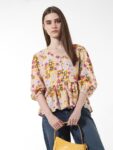 ONLY Floral Print V-Neck Three-Quarter Puff Sleeves Peplum Top