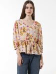 ONLY Floral Print V-Neck Three-Quarter Puff Sleeves Peplum Top