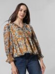 ONLY Floral Printed Bell Sleeves Ruffled V-Neck Chiffon A-Line Top