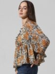 ONLY Floral Printed Bell Sleeves Ruffled V-Neck Chiffon A-Line Top