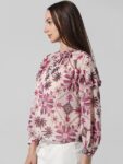 ONLY Floral Printed Cuffed Sleeves Ruffled High Neck Top