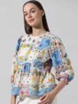 ONLY Floral Printed Gathered Puff Sleeves Pure Cotton Top