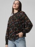 ONLY Floral Printed High Neck Puff Sleeves Smocked Georgette Top