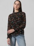 ONLY Floral Printed High Neck Puff Sleeves Smocked Georgette Top