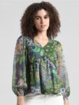 ONLY Floral Printed Puff Sleeves Gathered Chiffon A-Line Top