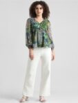 ONLY Floral Printed Puff Sleeves Gathered Chiffon A-Line Top