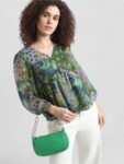 ONLY Floral Printed Puff Sleeves Gathered Chiffon A-Line Top