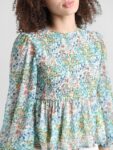 ONLY Floral Printed Puff Sleeves Smocked Chiffon Peplum Top