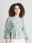 ONLY Floral Printed Puff Sleeves Smocked Chiffon Peplum Top