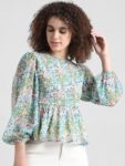 ONLY Floral Printed Puff Sleeves Smocked Chiffon Peplum Top