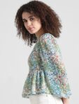 ONLY Floral Printed Puff Sleeves Smocked Chiffon Peplum Top