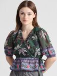 ONLY Floral Printed Puff Sleeves Tie-Up Detail V-Neck Wrap Top