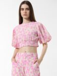 ONLY Geometric Print Puff Sleeve Blouson Crop Top