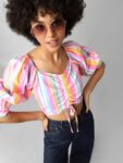 ONLY Multicoloured & magnolia Striped Blouson Crop Top