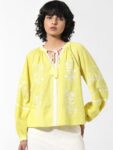 ONLY ONLDENVER LS Floral Embroidered Tie-Up Neck Pure Cotton Top