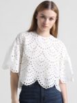 ONLY ONLFEATHER SS Schiffli Self Design Bell Sleeves Semi Sheer Pure Cotton Top