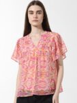 ONLY Onlzaplin Miami Geometric Printed Mandarin Collar Flared Sleeves Pleated Detail Top