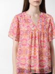 ONLY Onlzaplin Miami Geometric Printed Mandarin Collar Flared Sleeves Pleated Detail Top