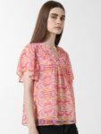 ONLY Onlzaplin Miami Geometric Printed Mandarin Collar Flared Sleeves Pleated Detail Top