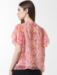 ONLY Onlzaplin Miami Geometric Printed Mandarin Collar Flared Sleeves Pleated Detail Top