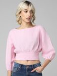 ONLY Puff Sleeves Boat Neck Crop Blouson Cotton Top