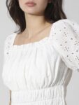 ONLY Schiffli Self Design Off-Shoulder Gathered Puff Sleeves Pure Cotton Bardot Top