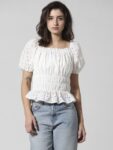 ONLY Schiffli Self Design Off-Shoulder Gathered Puff Sleeves Pure Cotton Bardot Top