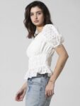 ONLY Schiffli Self Design Off-Shoulder Gathered Puff Sleeves Pure Cotton Bardot Top