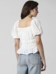 ONLY Schiffli Self Design Off-Shoulder Gathered Puff Sleeves Pure Cotton Bardot Top