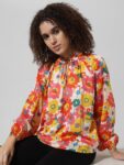 ONLY Self Design Floral Printed Tie Up Neck Long Sleeves Top