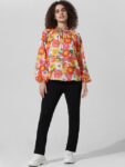 ONLY Self Design Floral Printed Tie Up Neck Long Sleeves Top