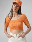 ONLY Self Design Knitted Pure Cotton Crop Top