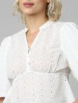 ONLY Self Design Mandarin Collar Puff Sleeves Cotton Top