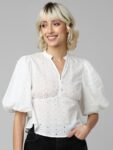 ONLY Self Design Mandarin Collar Puff Sleeves Cotton Top