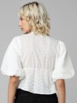 ONLY Self Design Mandarin Collar Puff Sleeves Cotton Top