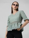 ONLY Self Design Puff Sleeves Pure Cotton Schiffli Peplum Top