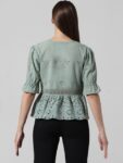 ONLY Self Design Puff Sleeves Pure Cotton Schiffli Peplum Top