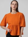 ONLY self Design Puff Sleeves Round Neck Gathered A-Line Top