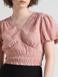 ONLY Self Design Puff Sleeves V-Neck Crop Top