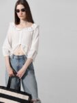 ONLY Self Design Ruffled Puff Sleeves Pure Cotton Crop Top