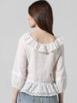 ONLY Self Design Ruffled Puff Sleeves Pure Cotton Crop Top