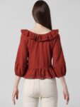 ONLY Self Design Ruffled Puff Sleeves Pure Cotton Crop Top