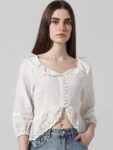 ONLY Self Design Ruffled Puff Sleeves Pure Cotton Crop Top