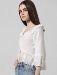 ONLY Self Design Ruffled Puff Sleeves Pure Cotton Crop Top