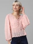 ONLY Self Design Ruffles Puff Sleeves Tie-Up Neck Top